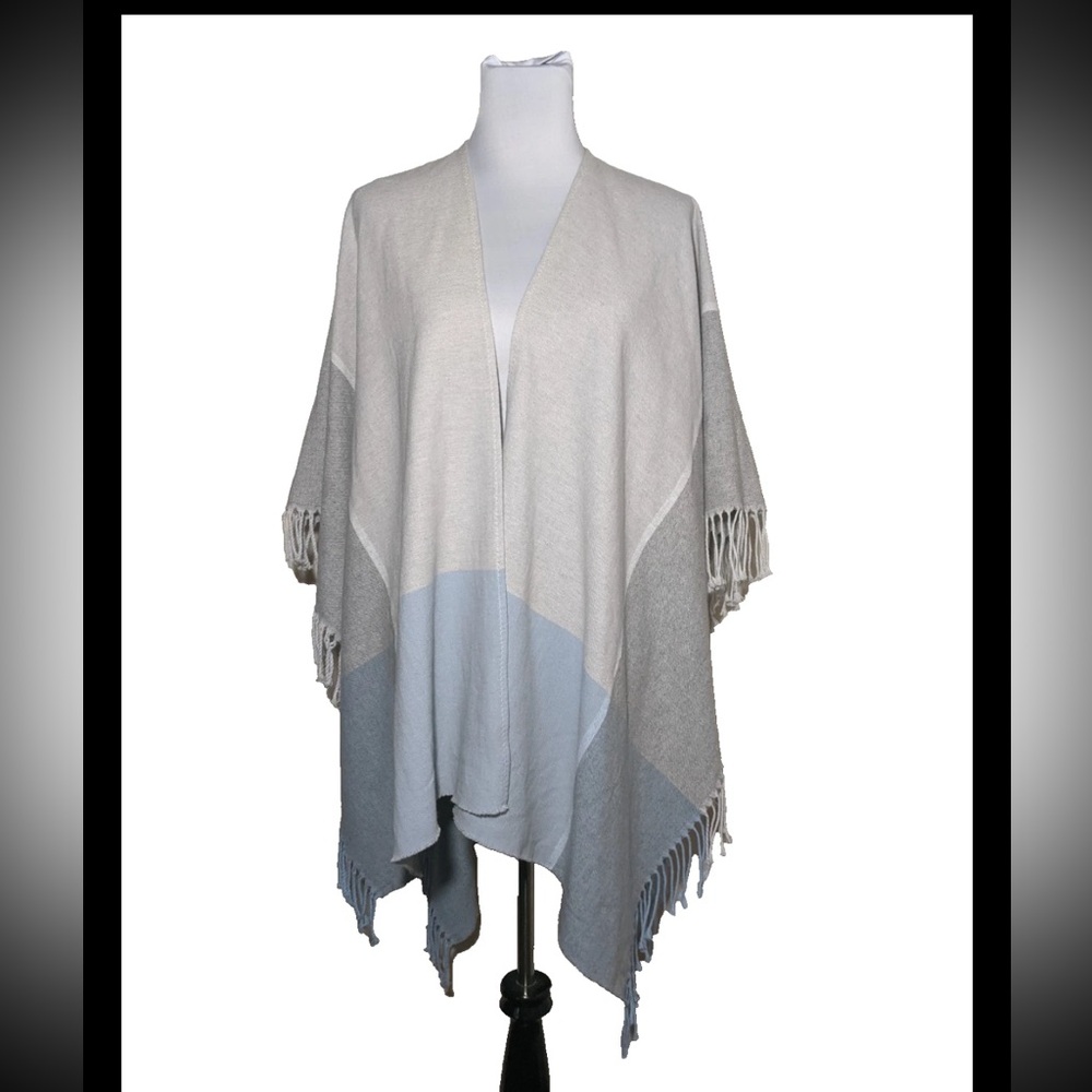 Eileen Fisher Gray Blue Open Front Poncho Cape Scarf Shawl Boho